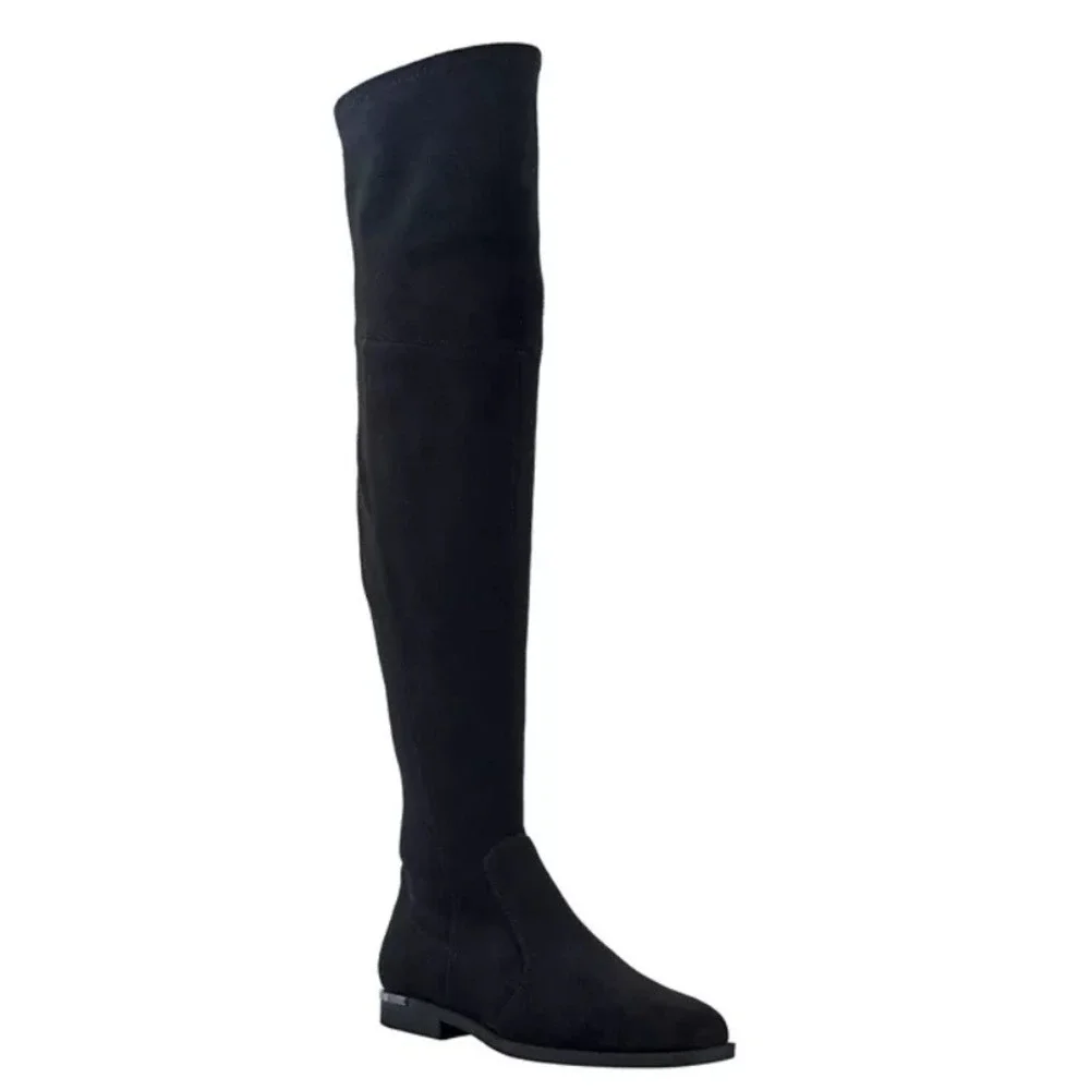 Marc Fisher Black Faux Suede Over The Knee Boots‎ Size 5M Side Zip Low Heel NEW